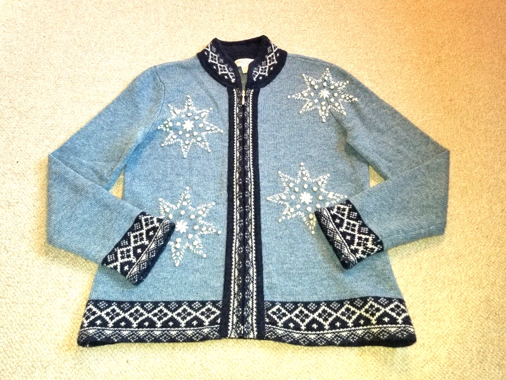 Womens Sweater-APPLESEED'S-blue lambswool blend snowflake zip "Oslo" cardigan-PS
